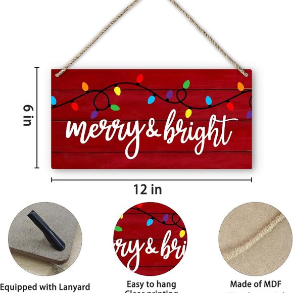 Merry And Bright Christmas Signs, Red Farmhouse Welcome Wooden 12x6 - New - Picture 3 of 3
